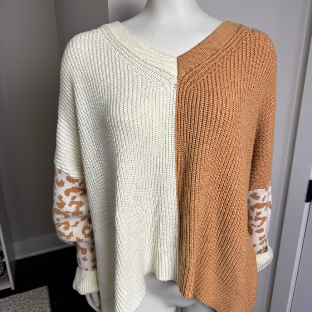 ARULA Two-Tone V-Neck Sweater in Cream and Camel with Leopard print